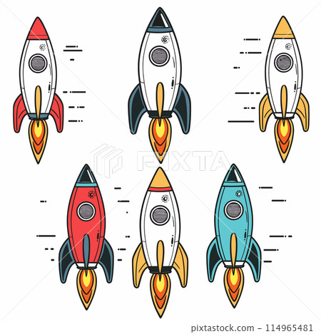 Six colorful cartoon rockets flying upwards. Various colored spacecraft show motion, speed, detailed engine flames. Retro style rockets, flat design isolated white background Six colorful cartoon rockets flying upwards. Various colored spacecraft show motion, speed, detailed engine flames. Retro style rockets, flat design isolated white background 114965481