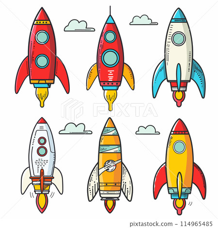 Six cartoon rockets various colors designs flying against backdrop clouds, rocket exhibits unique combination patterns, colors include red, blue, yellow, orange. Handdrawn style vector illustration Six cartoon rockets various colors designs flying against backdrop clouds, rocket exhibits unique combination patterns, colors include red, blue, yellow, orange. Handdrawn style vector illustration 114965485
