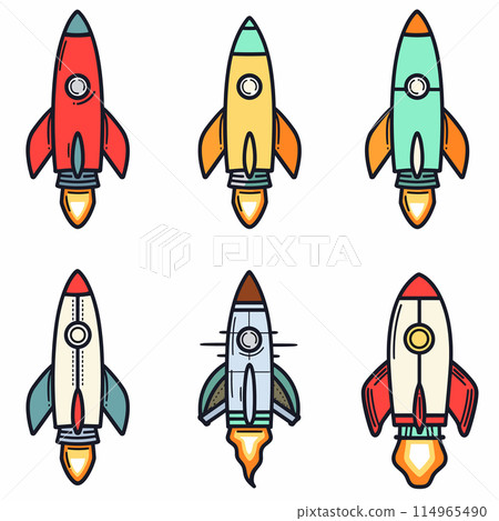 Six colorful cartoon rockets arranged two rows three, rocket features simple graphic style, bright primary secondary colors. Flat design vector illustration isolated white background Six colorful cartoon rockets arranged two rows three, rocket features simple graphic style, bright primary secondary colors. Flat design vector illustration isolated white background 114965490