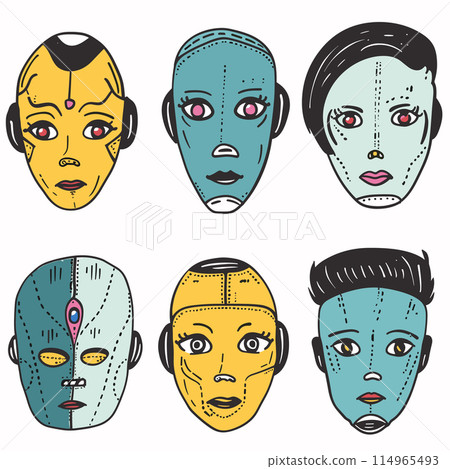 Six stylized faces resemble futuristic robotic heads, visible markings patches. Faces varied expressions, neutral slightly concerned, showcasing different designs. Colors include yellow, blue, teal Six stylized faces resemble futuristic robotic heads, visible markings patches. Faces varied expressions, neutral slightly concerned, showcasing different designs. Colors include yellow, blue, teal 114965493