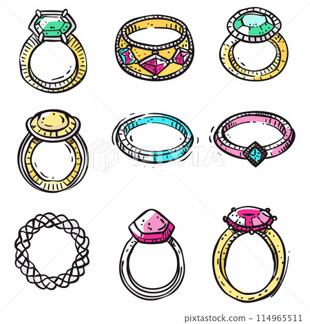 Assorted handdrawn engagement rings colorful sketch collection. Precious gemstones, diamonds, intricate designs engagement bands. Cartoonlike, playful jewelry illustrations isolated white background 114965511