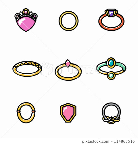 Collection colorful rings jewelry design isolated white background. Various rings engagement wedding fashion accessories. Cartoon drawing gemstone gold silver diamond ring vector illustration 114965516
