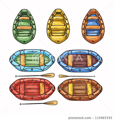 Colorful handdrawn rowboats paddles, top view, water sports, leisure activities. Various colored rowing boats, wooden seats, oars, summer boating equipment. Recreational watercraft, vibrant hues Colorful handdrawn rowboats paddles, top view, water sports, leisure activities. Various colored rowing boats, wooden seats, oars, summer boating equipment. Recreational watercraft, vibrant hues 114965593