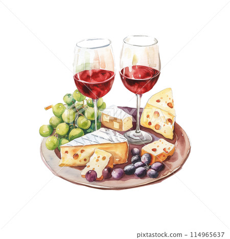 Composition of cheese, grapes, bottles and glasses of wine on a wooden round tray on isolated on a white background Ai generated. 114965637