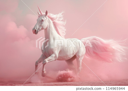 A unicorn is running through a pink cloud 114965944
