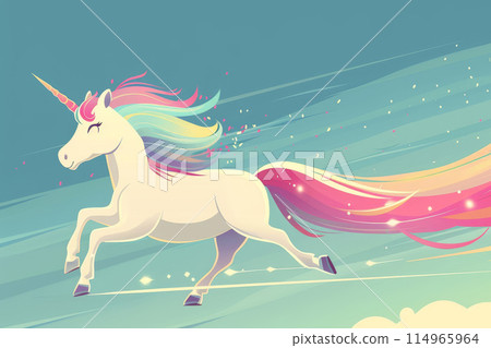 A unicorn with rainbow colored mane and tail is running through the air 114965964