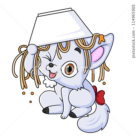 cute grey cat eating noodle bowl of illustration cute grey cat eating noodle bowl of illustration 114965988