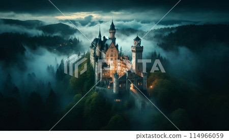 夜晚漂浮在霧中的神秘城堡 114966059