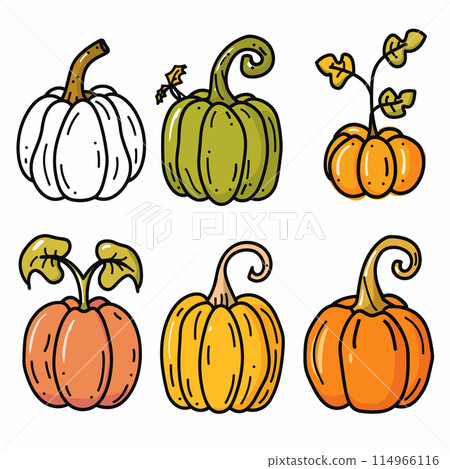 Six colorful handdrawn pumpkins, unique shape design. Top row white, green orange pumpkins, bottom row features orange yellow gourds. Vector illustration perfect autumn, Halloween, harvest festival 114966116