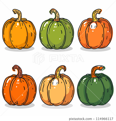 Collection six colorful pumpkins, three orange three green, cartoon style isolated white background. Different shades strokes add depth pumpkin illustrations, suitable autumn themes. Halloween fall 114966117