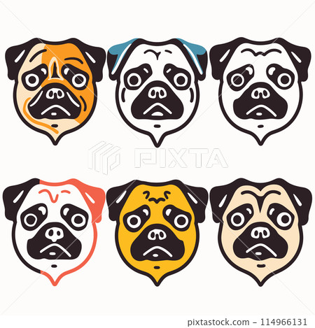 Six cartoon pug faces expressing different emotions, graphic design elements. Minimalist pug illustrations showing surprise, sadness, worry, anger. Simplistic emotional expressions, suitable pet Six cartoon pug faces expressing different emotions, graphic design elements. Minimalist pug illustrations showing surprise, sadness, worry, anger. Simplistic emotional expressions, suitable pet 114966131