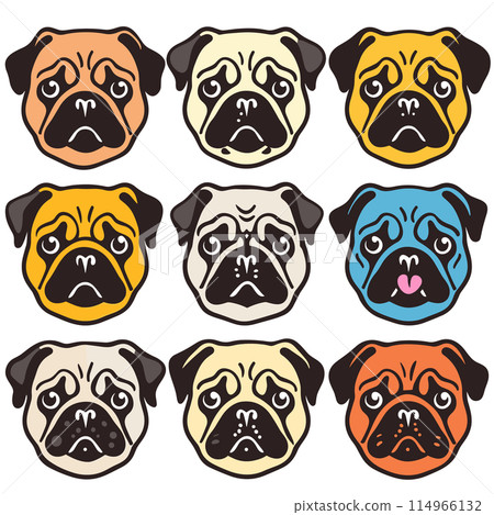 Nine cartoon pug faces expressing different emotions, colorful cute expressions illustration, pug has unique facial features colors, set against isolated white background. Artistic design Nine cartoon pug faces expressing different emotions, colorful cute expressions illustration, pug has unique facial features colors, set against isolated white background. Artistic design 114966132