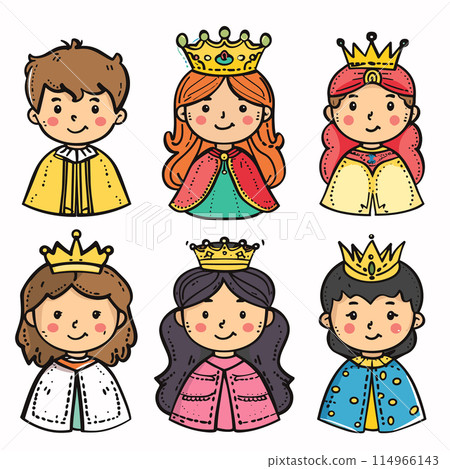 Six cute cartoon characters resembling children dressed monarchs illustrated, wearing royal crown. Various royal outfits portrayed among princes princesses represented animated children. Bright 114966143