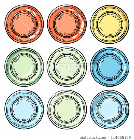 Nine colorful plates sketched various shades, kitchenware collection. Handdrawn dinner plates, artistic crockery set illustration. Vibrant orange, yellow, green, blue plates, top view, isolated Nine colorful plates sketched various shades, kitchenware collection. Handdrawn dinner plates, artistic crockery set illustration. Vibrant orange, yellow, green, blue plates, top view, isolated 114966169