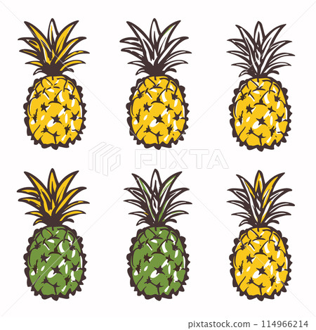 Set six handdrawn pineapples, alternating colors, tropical fruit design. Top row ripe yellow pineapples, bottom row features green unripe pineapples. Stylized illustration pineapples suitable Set six handdrawn pineapples, alternating colors, tropical fruit design. Top row ripe yellow pineapples, bottom row features green unripe pineapples. Stylized illustration pineapples suitable 114966214