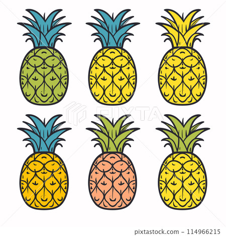 Six stylized pineapples different colors displayed against white. Tropical fruit, handdrawn style, doodle, colorful pineapples, green, yellow, peach colors. Summer theme, fruit pattern, quirky Six stylized pineapples different colors displayed against white. Tropical fruit, handdrawn style, doodle, colorful pineapples, green, yellow, peach colors. Summer theme, fruit pattern, quirky 114966215