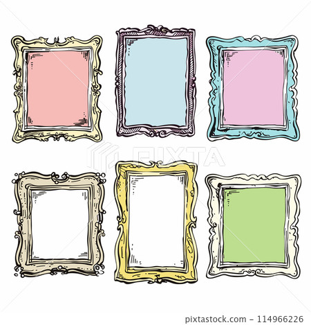 Set six handdrawn decorative frames, uniquely colored designed. Cartoon style frames featuring ornate details suitable gallery wall art photo decoration. Illustrations depict frames different pastel Set six handdrawn decorative frames, uniquely colored designed. Cartoon style frames featuring ornate details suitable gallery wall art photo decoration. Illustrations depict frames different pastel 114966226