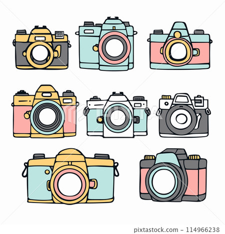 Collection colorful cameras outlined against white background. Retro vintage camera collection artistic illustration. Assorted DSLR cameras graphic design, photography equipment icons 114966238