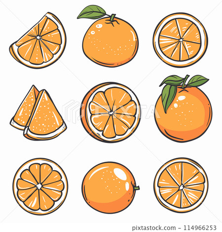 Collection orange fruit illustrations various cuts slices whole orange vibrant colors isolated white background. Cartoon style juicy oranges fresh citrus fruit healthy vitamin C rich food 114966253
