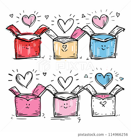 Handdrawn colorful gift boxes hearts love concept happy surprise. Sketch presents smiling faces cute doodle style celebration. Festive illustration open gift boxes hearts floating cheerful drawing Handdrawn colorful gift boxes hearts love concept happy surprise. Sketch presents smiling faces cute doodle style celebration. Festive illustration open gift boxes hearts floating cheerful drawing 114966256