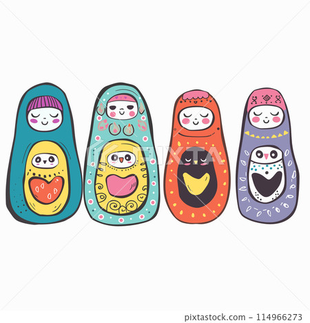 Set colorful matryoshka dolls cute faces patterns white background. Russian nesting dolls, traditional wooden toys Russia, cartoon characters. Brightly painted matryoshkas, cultural folk art 114966273