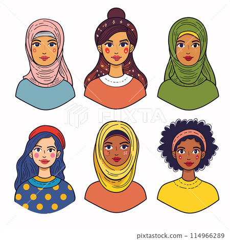 Six diverse women portraits vector, multicultural female faces illustration, ethnic characters. Women headscarves, diverse hairstyles, multicultural representation bright. Female Six diverse women portraits vector, multicultural female faces illustration, ethnic characters. Women headscarves, diverse hairstyles, multicultural representation bright. Female 114966289
