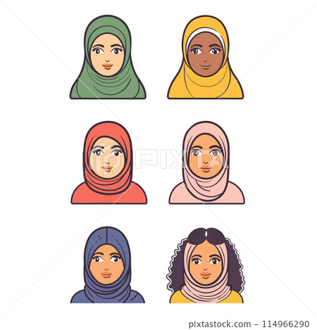 Muslim women wearing colorful hijabs, smiling. Various skin tones, ethnicities represented portrait style illustrations. Friendly diverse representation Islamic female attire, hijab fashion Muslim women wearing colorful hijabs, smiling. Various skin tones, ethnicities represented portrait style illustrations. Friendly diverse representation Islamic female attire, hijab fashion 114966290