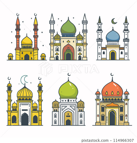 Six colorful mosque illustrations domes, minarets, crescents. Flat vector style mosques, representing Islamic architecture, isolated white background. Different mosque designs featuring traditional 114966307