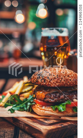 Hamburger And Beer On Table Classic Staple Food - Stock Illustration 