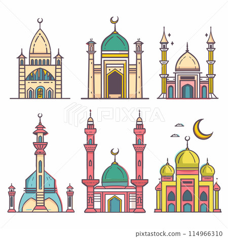 Set colorful mosque illustrations, detailed Islamic architecture, crescent moon stars. Flat design style, religious buildings, Muslim culture, various mosque designs elements. Traditional facades Set colorful mosque illustrations, detailed Islamic architecture, crescent moon stars. Flat design style, religious buildings, Muslim culture, various mosque designs elements. Traditional facades 114966310