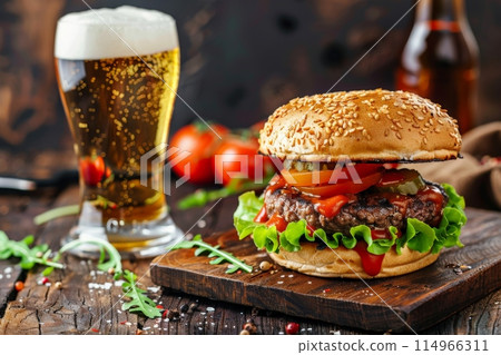 Hamburger and beer on table classic staple food pairing 114966311