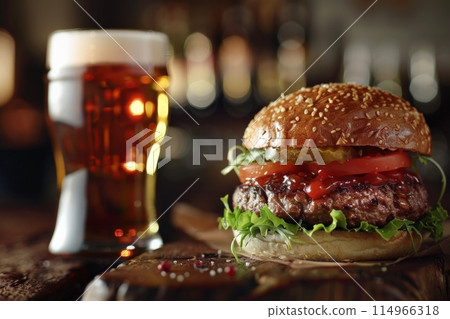 Hamburger and beer on table classic staple food pairing 114966318