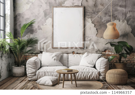 Modern Apartment Living Room With Blank Mock-Up Frame Above Sofa Modern Apartment Living Room With Blank Mock-Up Frame Above Sofa 114966357