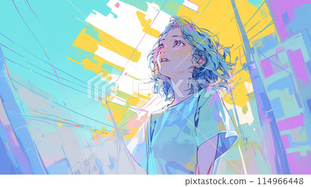 Woman looking up at the summer sky Woman looking up at the summer sky 114966448