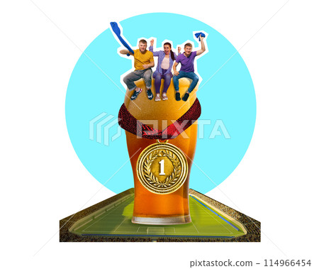 Poster. Contemporary art collage. Cheering football fans sitting on giant glass of beer with golden medal. Victory. Trendy magazine style. Poster. Contemporary art collage. Cheering football fans sitting on giant glass of beer with golden medal. Victory. Trendy magazine style. 114966454