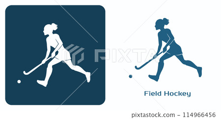 Field Hockey Emblem. Woman Playing Feld Hockey, hit a ball with a field hockey stick. 114966456