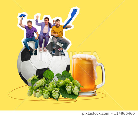 Poster. Contemporary art collage. Group of overjoyed young people sitting on football ball against yellow background. Trendy magazine style. 114966460