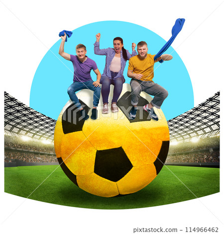Poster. Contemporary art collage. Football fans sitting on ball full of golden beer on green lash football stadium. Trendy magazine style. 114966462