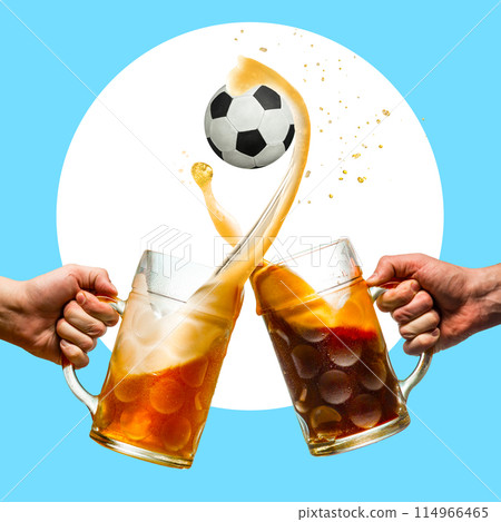Poster. Contemporary art collage. Hands clinking glasses with beer with splashes, which as waves covered football ball. Trendy magazine style. 114966465