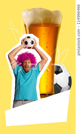 Poster. Contemporary art collage. Young man with bright wig, football fan, raising hands with ball against background with beer. Trendy magazine style. 114966466