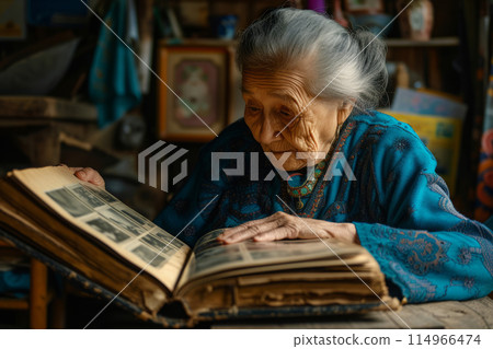 Senior Woman Reliving Memories by Browsing Through an Old Family Album 114966474