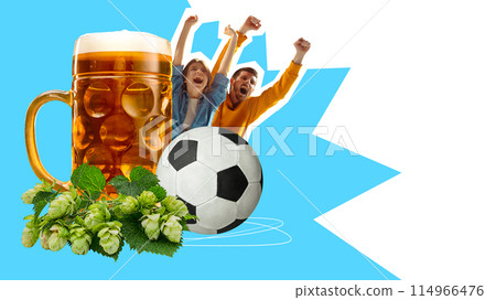 Poster. Contemporary art collage. Behind huge mug with hop of beer football fans, friends raising hands of joy. Trendy magazine style. Poster. Contemporary art collage. Behind huge mug with hop of beer football fans, friends raising hands of joy. Trendy magazine style. 114966476