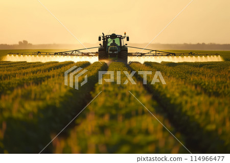 Farming tractor spraying fertilize or pesticide on agricultural field 114966477