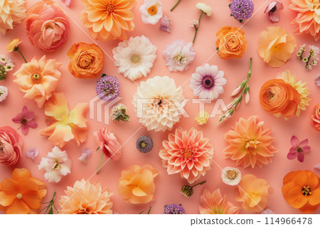 Assortment of Delicate Flowers Arranged on Soft Pastel Background 114966478
