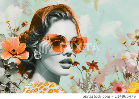 Vibrant Pop Art Portrait of Stylish Woman Amidst Burst of Spring Flowers 114966479