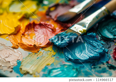 Paintbrush on palette with mixed oil paints 114966517