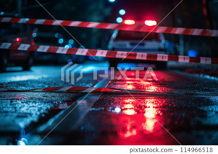 Crime scene with secure tape and police car in night 114966518