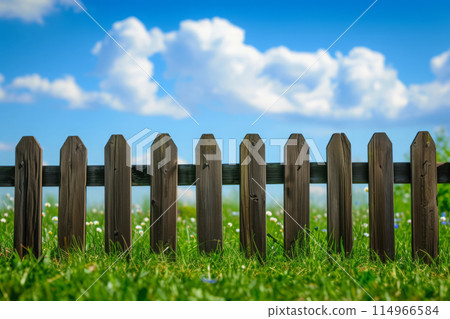 Garden fence with green grass and blue sky. 114966584