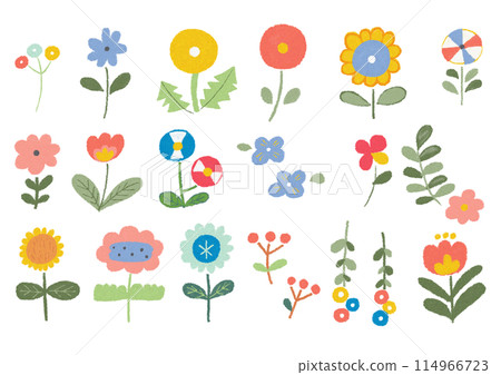 A collection of colorful hand-drawn illustrations of cute flowers in a picture book style A collection of colorful hand-drawn illustrations of cute flowers in a picture book style 114966723