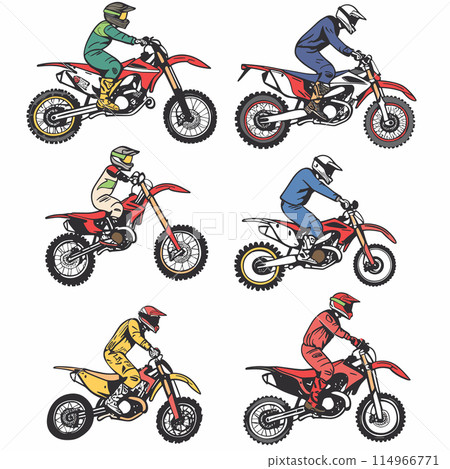 Four motocross riders wear helmets, racing gear while riding dirt bikes. Motorcyclists exhibit action, competition, extreme themes. Dirt bikes riders presented different colors 114966771